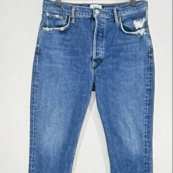 AGOLDE Riley Straight Crop Jeans Womens 32 Blue High Rise Button Fly Distressed - Picture 1 of 12